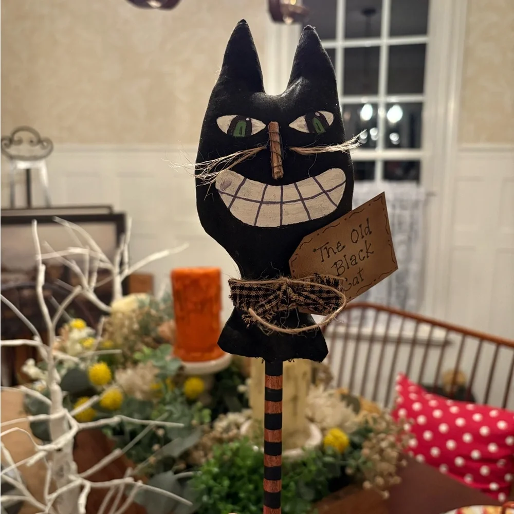 HANDMADE Primitive Vintage Black Cat Halloween Decoration, folk art - Picture 1 of 4